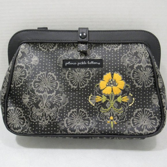 Petunia Pickle Bottom Handbags - Wristlet Bag Purse Black Gray Floral Changing Pad